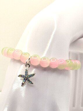Pink And Green Beaded Bracelet With Starfish Charm - Ocean-Inspired Jewelry